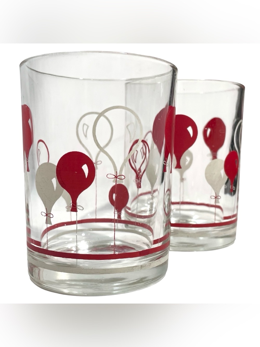 Vintage 1980s Italian Drinking Glasses Set (2) with Red & White Balloons